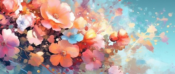 Wall Mural - Paint Splatter Watercolor Floral Backgrounds, Illustration in Peach, Teal, and Pink Pastel Colors, Generative AI
