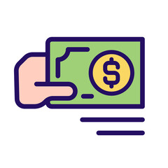 Sticker - Payment in cash pixel perfect RGB color icon. Paper money currency. Purchasing and selling. Physical cash. Isolated vector illustration. Simple filled line drawing. Editable stroke. Arial font used