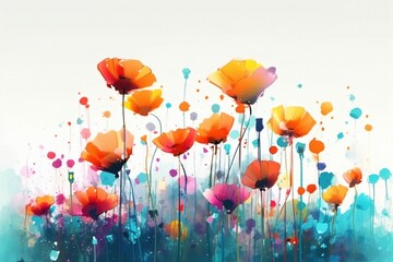Wall Mural - Colorful Flowers and Splatters Over White, Light Orange, and Pastel yellow background, Generative AI