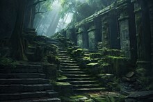 Old Forgotten Overgrown Ruins With Stairs, Rainforest Lost Place, Fictional Landscape Created With Generative Ai