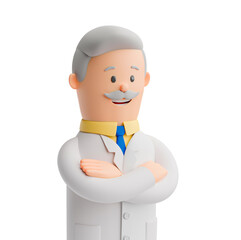 Doctor or scientist. Man with gray hair and a mustache in a white robe. isolated on white background. 3d render
