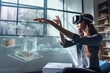 Futuristic vision of using VR AR immersive technology in business, attractive businesswoman using VR AR equipment, created with Generative AI
