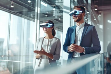 Futuristic vision of using VR AR immersive technology in business, attractive businesswoman and businessman using VR AR equipment, created with Generative AI
