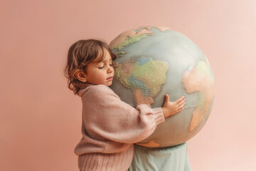 Wall Mural - A young child hugging a planet earth model. Protecting environment. Generative ai