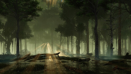 Wall Mural - magic mysterious forest swamp with supernatural fairy firefly lights flying in sunset rays among cre