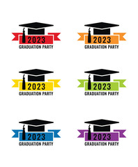 Graduation party logo design. Class of 2023 with graduation cap and ribbon. Graduation symbols. Vector illustration. 