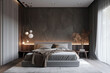 © Magryt - Modern bedroom minimalist interior in shades of grey. Gorgeous, stunning grey bedroom. Scandinavian dark style. Aesthetic simple interior design concept, luxury furnishing. Ai generated