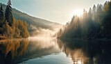 Fototapeta Niebo - A beautiful forest lake with morning haze over the water in the rays of the morning sun. High quality illustration Generative AI