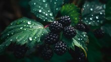 Closeup Bush Of Blackberries With Water Drops. Background Design With Fresh Wet Berries. Generative AI.