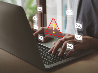 Wall Mural - red triangle warning sign. by email or message show malware or virus alerts