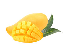 Ripe Yellow Mango With Leaves On Transparent Png