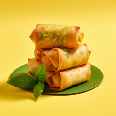 Wall Mural - Spring rolls on yellow background. Generative AI.