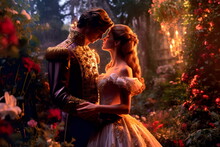 Prince And A Princess Sharing A Kiss In A Magical Garden. Generative AI