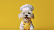 cute white puppy dog smiling wearing yellow cook uniform and yellow cook hat, Generative AI