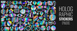 Set of holographic retro futuristic stickers. Vector illustration with iridescent foil adhesive film with symbols and objects in y2k style. Holographic futuristic labels.