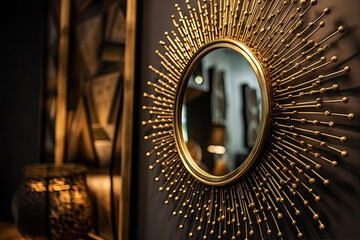 Modern round mirror in golden sun-ray frame on wall at home for decoration. Decorative sun vintage art deco mirror for Living Room and Bedrooms, created with Generative AI