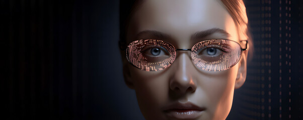 Young women face with glasses with binary code reflection on black background, free copy space, AI generated