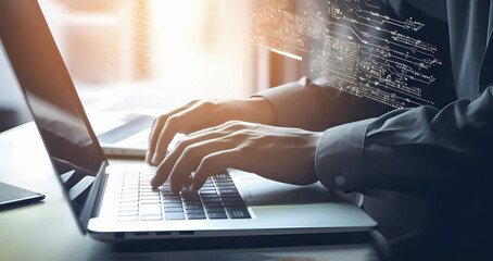Coding programmer, software engineer working on laptop, digital technology. . AI generated