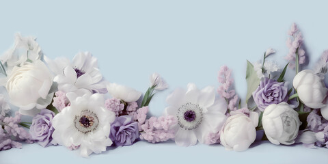 Wall Mural - Spring, Easter elegant floral concept. Pastel lilac, mint and white spring flowers on blue background. AI generated