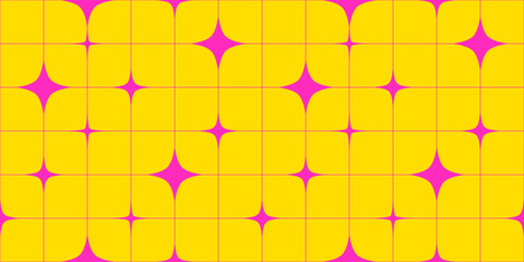 Wall Mural - Vector Seamless Pattern with Pink Stars on Yellow Background. Abstract Y2k Geometric Background. Minimal Texture with Lines and Sparkle Stars Shapes