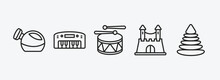 Toys Outline Icons Set. Toys Icons Such As Watering Can Toy, Piano Toy, Drum Toy, Castle Pyramid Vector. Can Be Used Web And Mobile.