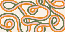Retro Abstract Curves Vector Background In Style 60-70s. Pastel Color Stripes On Beige Backdrop. Groovy Waves Design. Psychedelic Hippie Vintage Style. Fun Colorful Pattern.