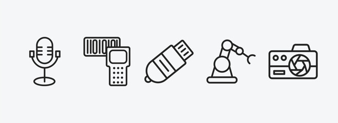 Wall Mural - technology outline icons set. technology icons such as old mic, portable scanner, inclined pendrive,