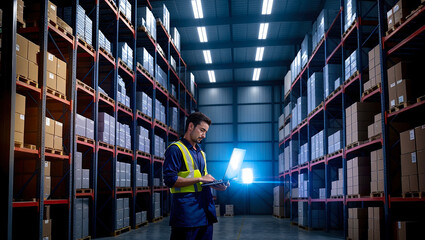 Man using laptop in warehouse space, person checking products and storage room stock in depot. Warehouse worker analyzing inventory on computer. Generative AI