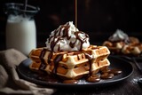 Fototapeta  - mouthwatering waffles with whipped cream and chocolate sauce drizzled over