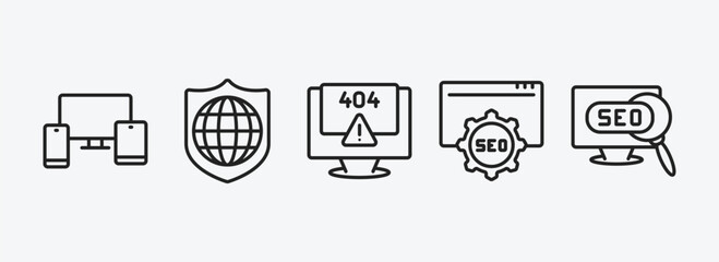 Wall Mural - seo outline icons set. seo icons such as cross-platform, secured network, program error, image seo, 