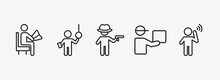 People Outline Icons Set. People Icons Such As Sitting Man Reading, Ticket Collector, Criminal Heist, Curier, Man Hearing Vector. Can Be Used Web And Mobile.