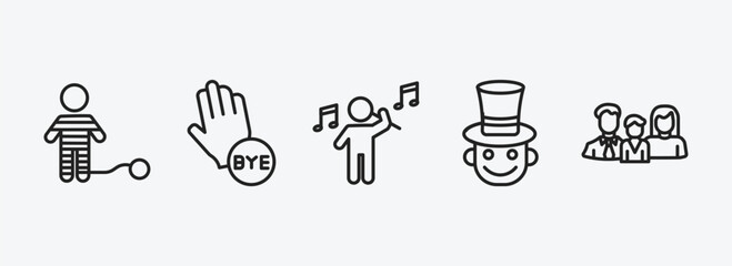 people outline icons set. people icons such as war prisioner, goodbye, man playing a flute, magician boy, family board games vector. can be used web and mobile.