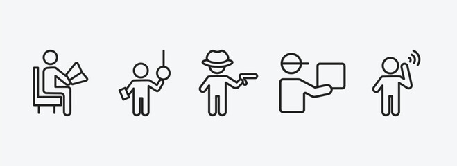 Wall Mural - people outline icons set. people icons such as sitting man reading, ticket collector, criminal heist, curier, man hearing vector. can be used web and mobile.