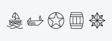 Nautical Outline Icons Set. Nautical Icons Such As Wood Raft, Roofless Speed Boat, Star Inside Circle, Big Barrel, Wind Rose Vector. Can Be Used Web And Mobile.