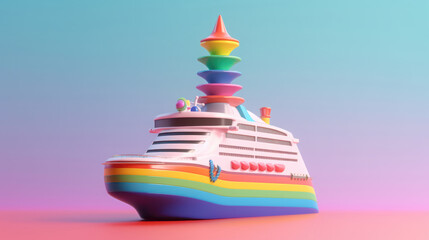 Rainbow colored ruis ship against pastel background. Minimal vacation concept of lgbt community. Generative AI.