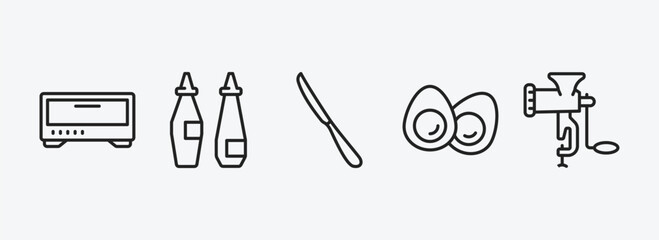 Wall Mural - kitchen outline icons set. kitchen icons such as bun warmer, sauces, steak knife, eggs, meat grinder vector. can be used web and mobile.