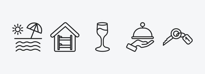 Wall Mural - hotel and restaurant outline icons set. hotel and restaurant icons such as beach, hostel, wine glass, restaurant tray, room key vector. can be used web and mobile.