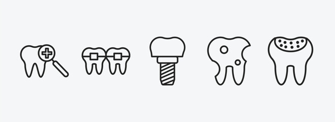 Wall Mural - dentist outline icons set. dentist icons such as dental checkup, dental brackets, implant, bicuspid, holed tooth vector. can be used web and mobile.