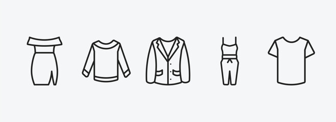 clothes outline icons set. clothes icons such as off the shoulder dress, long sleeves t shirt, oxford wave blazer, jumpsuit, t-shirt vector. can be used web and mobile.