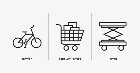 Wall Mural - transport outline icons set. transport icons such as bicycle, cart with boxes, lifter vector. can be