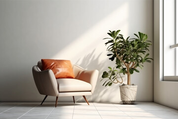 Modern minimalist interior with an armchair on empty white color wall background. AI generative