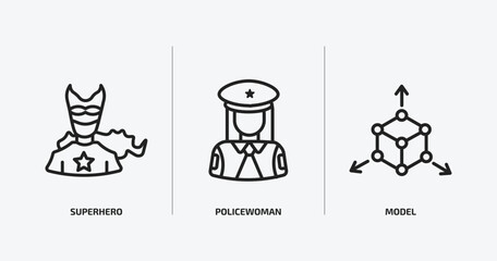 Wall Mural - professions & jobs outline icons set. professions & jobs icons such as superhero, policewoman, model vector. can be used web and mobile.