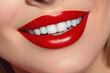 close-up Beautiful woman smile with red lips and white teeth - Generative AI