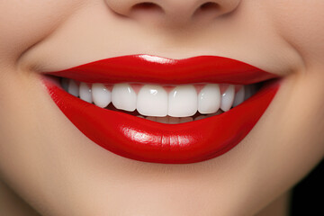 close-up Beautiful woman smile with red lips and white teeth - Generative AI