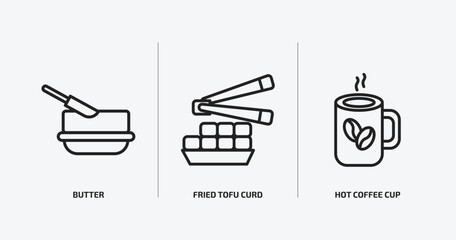 Wall Mural - food outline icons set. food icons such as butter, fried tofu curd balls, hot coffee cup vector. can be used web and mobile.