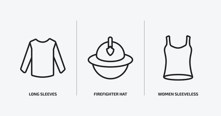 fashion outline icons set. fashion icons such as long sleeves, firefighter hat, women sleeveless shirt vector. can be used web and mobile.