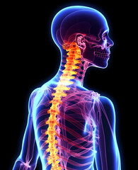 Human Skeleton Depicting the Spine and Neck, Back Pain, Neck Pain in X-ray Film Style