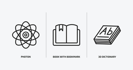 education outline icons set. education icons such as photon, book with bookmark, 3d dictionary vector. can be used web and mobile.