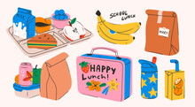 School Lunch Box, Container, Tray With Meals, Paper Bag. Various Food: Sandwich, Fruits, Milk, Juice, Soda. Hand Drawn Vector Illustration. Isolated Elements, Design Templates. Healthy Food Concept