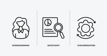 Wall Mural - business outline icons set. business icons such as businesswoman, investigate, synchronization vecto